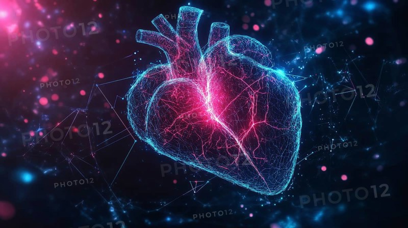 A digital heart glowing with neon blue and pink tones, surrounded by luminous lines and particles, evoking a futuristic atmosphere, AI generated