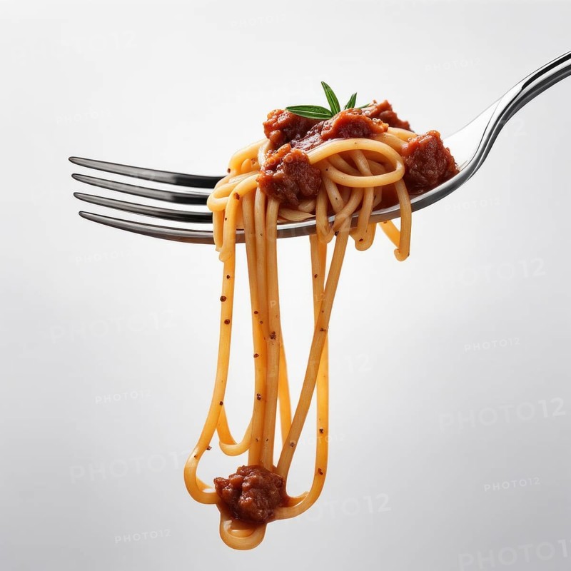 A fork holding strands of spaghetti with meat sauce, touched with basil leaf, in a clean background, AI generated