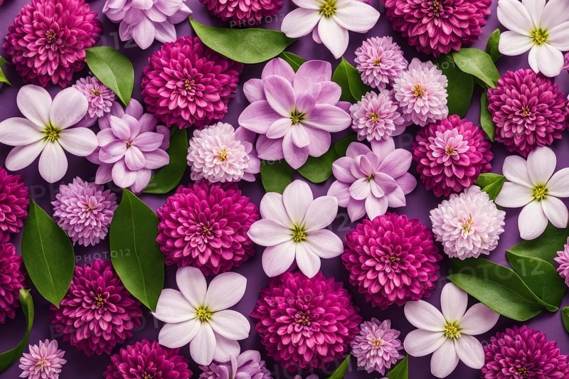 A striking floral display of white and pink flowers with green leaves against a dark purple background, AI generated
