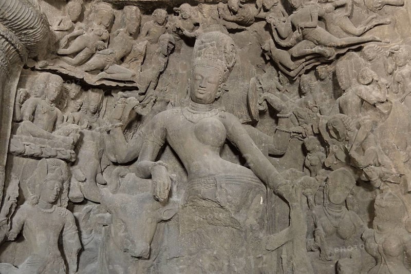 Figure of Shiva in one person with Parvati in the main cave of the Shiva temple on Elephanta Island, UNESCO World Heritage Site, Mumbai, Maharashtra, India, Asia