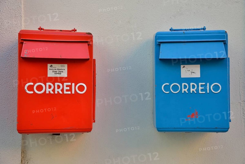 Red and blue mailboxes, Alfama, Lisbon, Lisbon District, Portugal, Europe