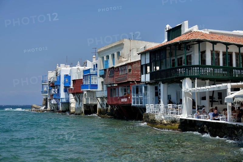 Former captain's houses of Little Venice, Chora or Mykonos Town, Mykonos, Cyclades, Greece, Europe