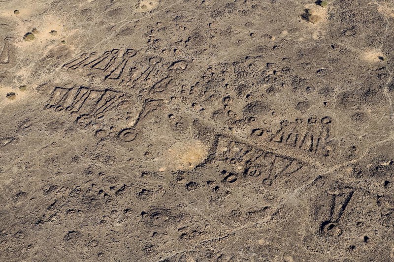 Neolithic stone ritual buildings, so-called mustatils, aerial view, near Khaybar, Medina province, Saudi Arabia, Arabian Peninsula, Asia