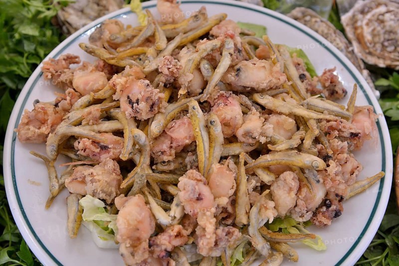 Fried fish, display at a fish restaurant in the fishing port of Calp or Calpe, Calp, Costa Blanca, Alicante province, Spain, Europe