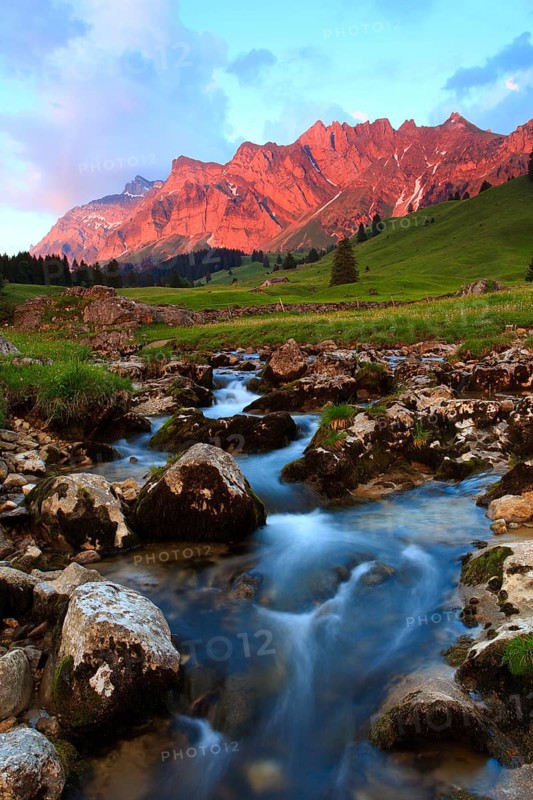 Mountain stream, evening light, alpenglow, Alpstein massif with Säntis, Appenzell, Switzerland, Europe