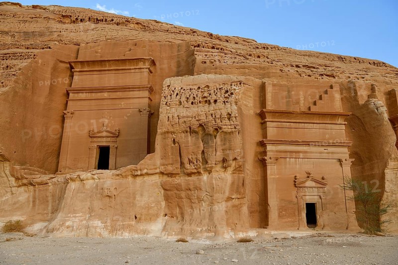 Nabataean tombs at the rock Qasr Al-Bint, Hegra or Mada'in Salih, AlUla region, Medina province, Saudi Arabia, Arabian Peninsula, Asia