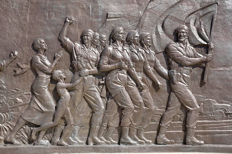 Wall panels with historical motifs from Namibian history on the Heldenacker or National Heroes' Acre, war memorial of the Republic of Namibia, near Windhoek, Auas Mountains, Khomas Region, Namibia, Africa