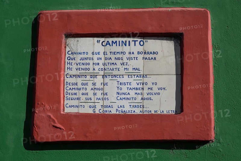 Wall tiles with lyrics, Caminito, La Boca district, Buenos Aires, Argentina, South America