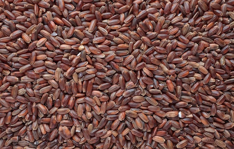Red rice, Camargue rice from France, rice variety with a red bran layer, usually offered as brown rice, wholemeal product, the rice gets its red colour from the anthocyanin content in its bran layer