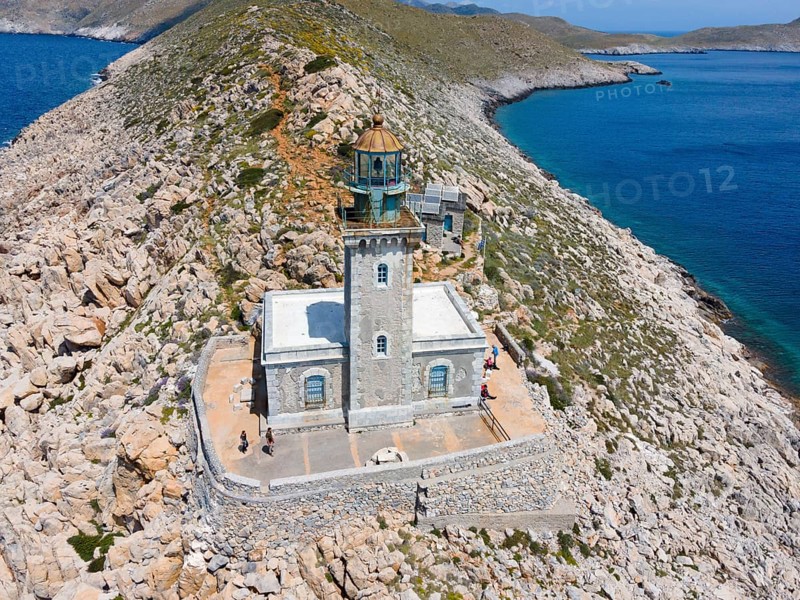 Drone shot, Akrotiri Tenaro lighthouse at the southernmost point of the Peloponnese, Cape Matapan, Mani, Laconia, Peloponnese, Greece, Europe