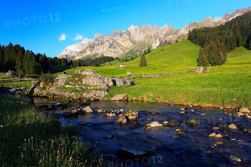 Mountain stream, Alpstein massif with Säntis, Appenzell, Switzerland, Europe