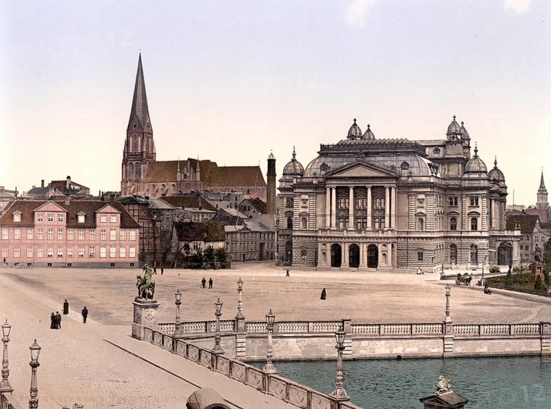 The Theatre and Cathedral of Schwerin, Mecklenburg-Western Pomerania, Historic, digitally enhanced reproduction of a photochrome print from 1898