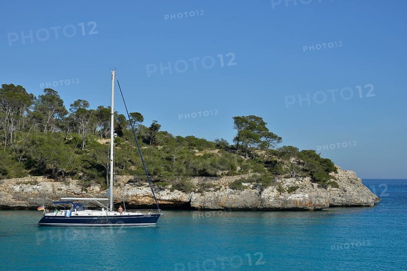 Sailboat in the bay of Cala Mondragó, Majorca, Balearic Islands, Spain, Europe