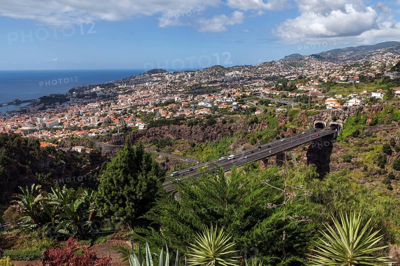 View from the botanical garden in Funchal, Jardim Botanico, to the city of Funchal, Madeira, Portugal, Europe