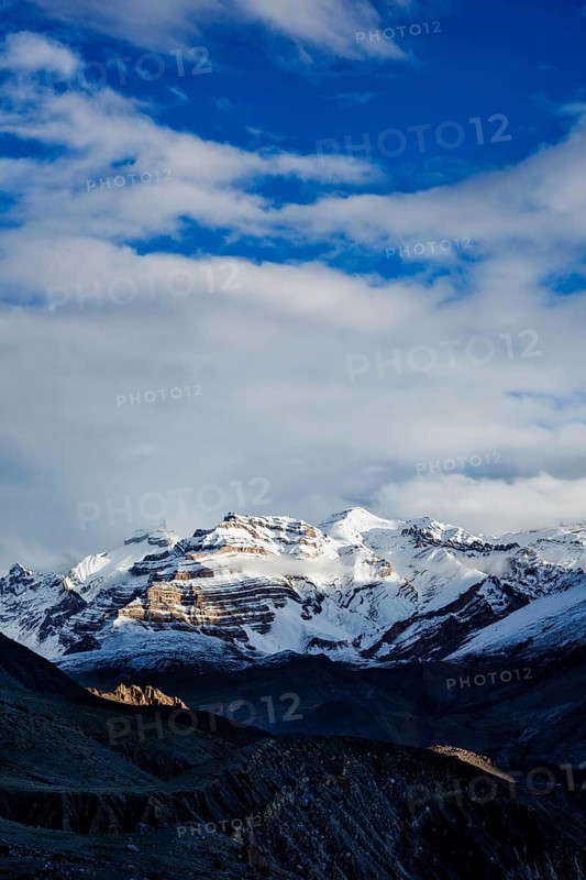 Himalayas snowcapped summit mountains in snow. Near Dhankar, Spiti Valley, Himachal Pradesh, India, Asia