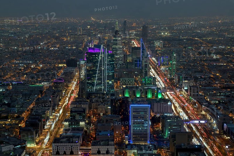 Panoramic view from the Sky Bridge, blue hour, Kingdom Center, Riyadh, Saudi Arabia, Asia