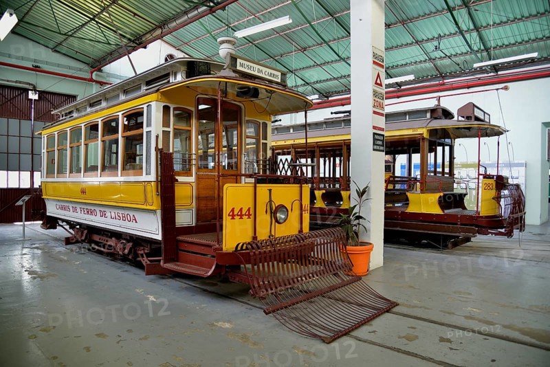 Old trams in the Museu da Carris tram museum, Lisbon, Portugal, Europe