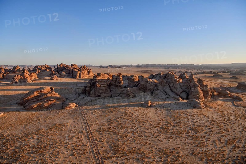 Rock landscape at Jabal Ithlib, blue hour, aerial view, Hegra or Madain Salih, AlUla region, Medina province, Saudi Arabia, Arabian Peninsula, Asia
