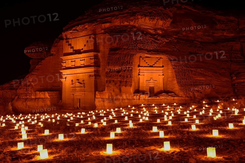 Illuminated Nabataean tombs at night, Hegra or Mada'in Salih, AlUla region, Medina province, Saudi Arabia, Arabian Peninsula, Asia