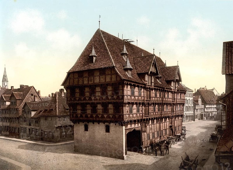 Historic half-timbered house, Die Alte Waage, in Braunschweig, Lower Saxony, Historic, digitally enhanced reproduction of a photochrome print from 1898