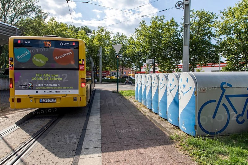 Bicycle boxes at a bus and tram stop in Essen, commuters can rent the boxes and park their bikes securely there to change to bus and train, Essen, North Rhine-Westphalia, Germany, Europe