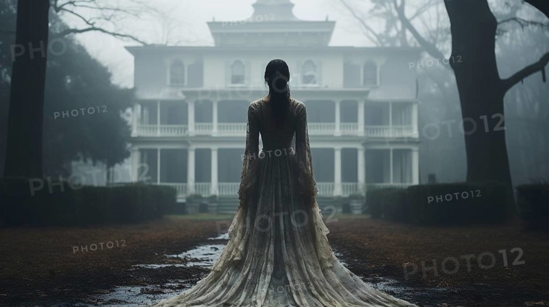 Eerie haunting ghostly female figure walking in front of a foggy southern plantation antebellum mansion on halloween night, generative AI