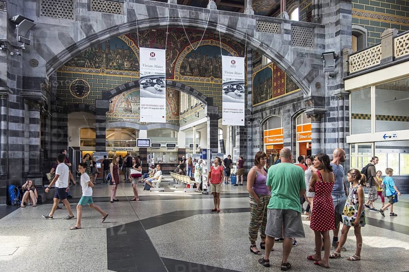 Murals in sgraffito style in the main entrance hall of the Gent-Sint-Pieters, Saint Peter's railway station in Ghent, East Flanders, Belgium, Europe