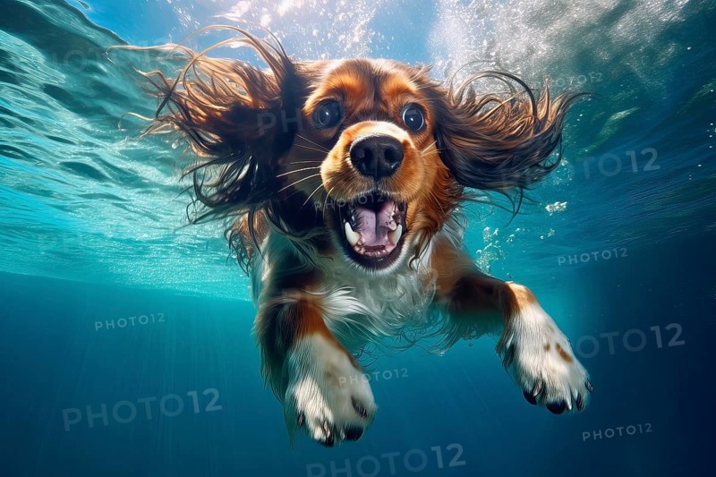 Cavalier King Charles Spaniel diving in a pool, AI Generated