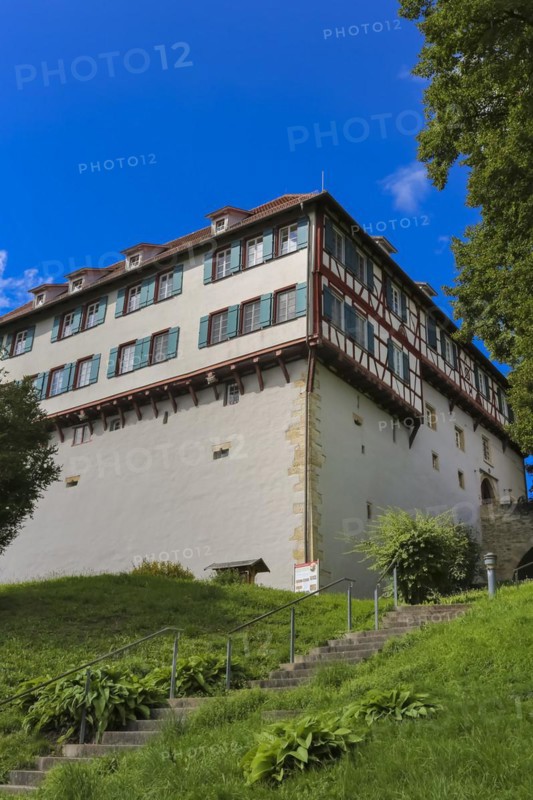 Gomaringen Castle, former parish seat of Johann Ulrich Schwindrazheim, Gustav Schwab Museum, former aristocratic residence, historic building, former castle, windows, green shutters, three-storey half-timbered building, architecture, Gomaringen, Baden-Württemberg, Germany, Europe