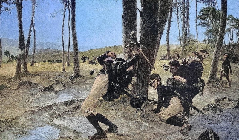 Volunteer guardsmen, soldiers, in 1813, advancing soldier is shot, Napoleonic Wars, Historic, digitally restored reproduction of an original 19th century master, exact original date not known