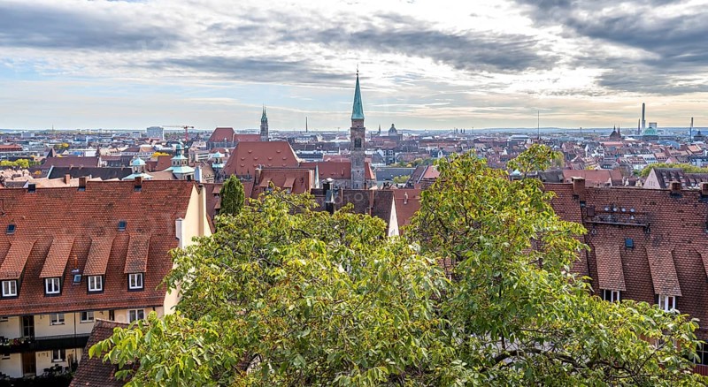 View over the city of Nuremberg with church towers of the St. Sebaldus Church, Nuremberg, Middle Franconia, Bavaria, Germany, Europe