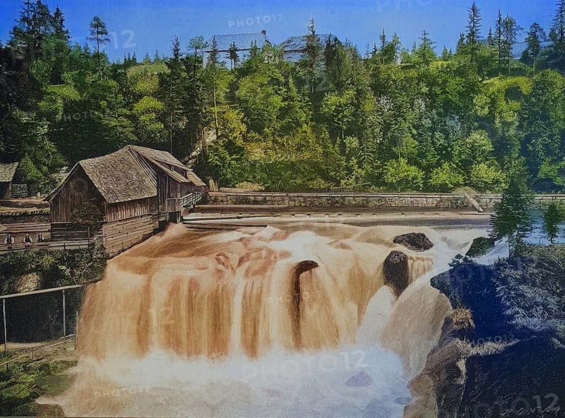 The Traunfall, a waterfall of the Traun in Upper Austria, here around 1880, Austria, Historic, digitally restored reproduction of an original 19th century painting, exact original date unknown, Europe