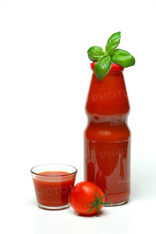 Tomato juice, bottle and glass, tomato, basil