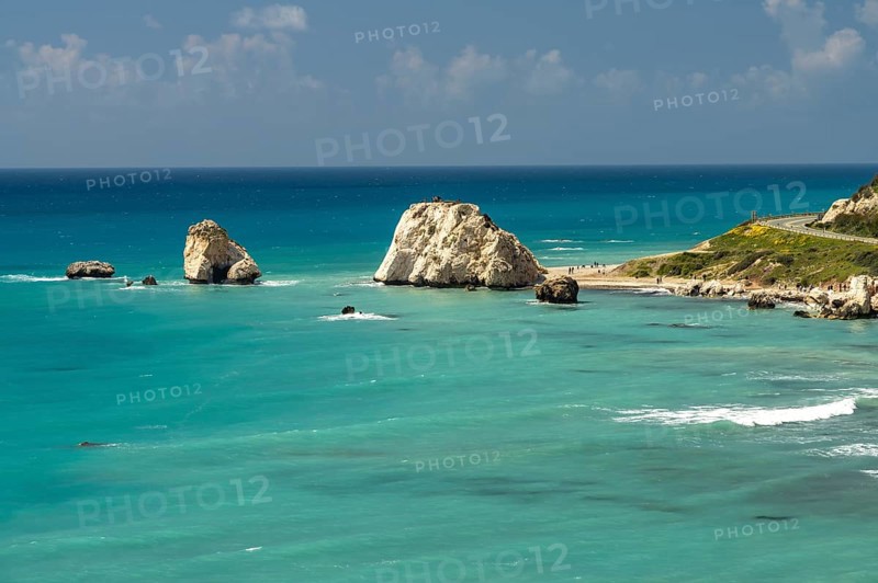 Petra tou Romiou, the Rock of Aphrodite on the coast in Kouklia near Paphos, Cyprus, Europe