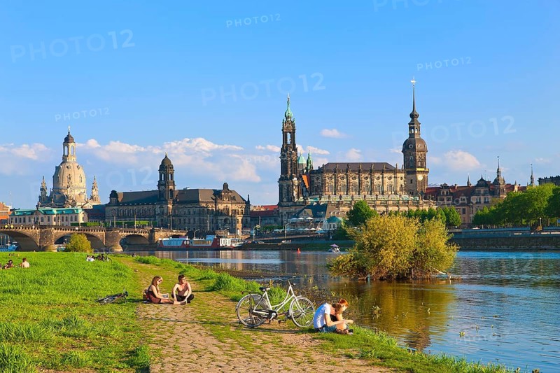 Dresden Silhouette View from Neustätter Elbufer to Dresden Old Town