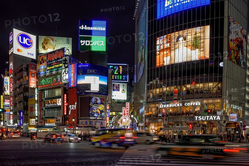Taxi at the Shibuya intersection, most frequented intersection in the world, Shibuya, Tokyo, Japan, Asia