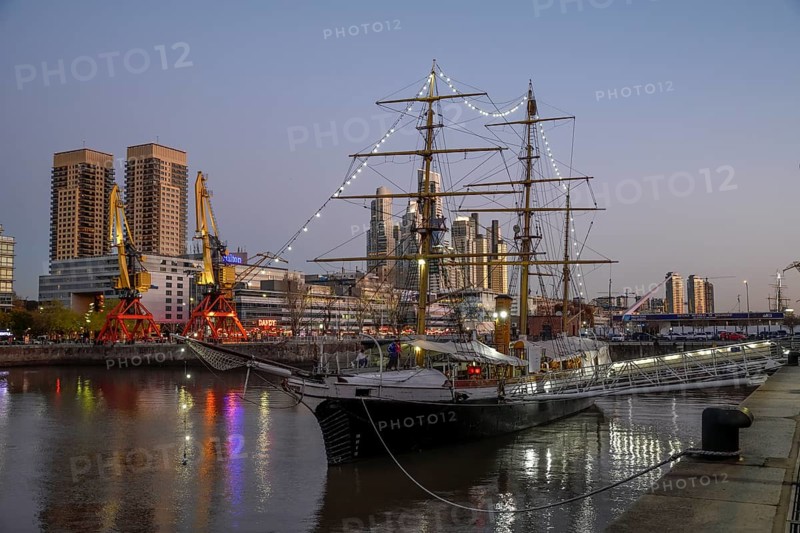 Museum ship ARA Uruguay in the harbour district of Puerto Madero in the evening, Buenos Aires, Argentina, South America