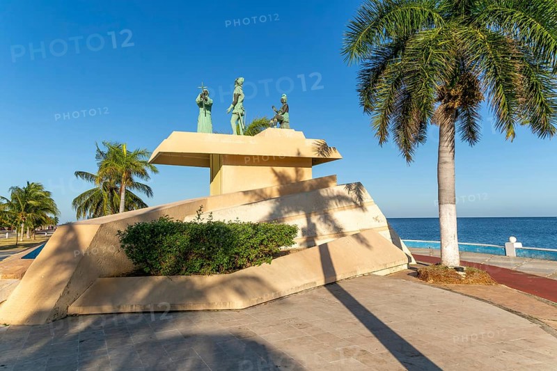 Artwork sculpture of priest with Spanish soldier and Mayan person, Malecon, Campeche city, Campeche State, Mexico, Central America