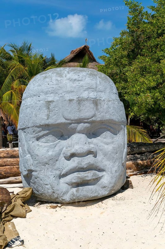 Recreation of historic Olmec colossoal head sculpture, Isla Mujeres, Caribbean Coast, Cancun, Quintana Roo, Mexico, Central America