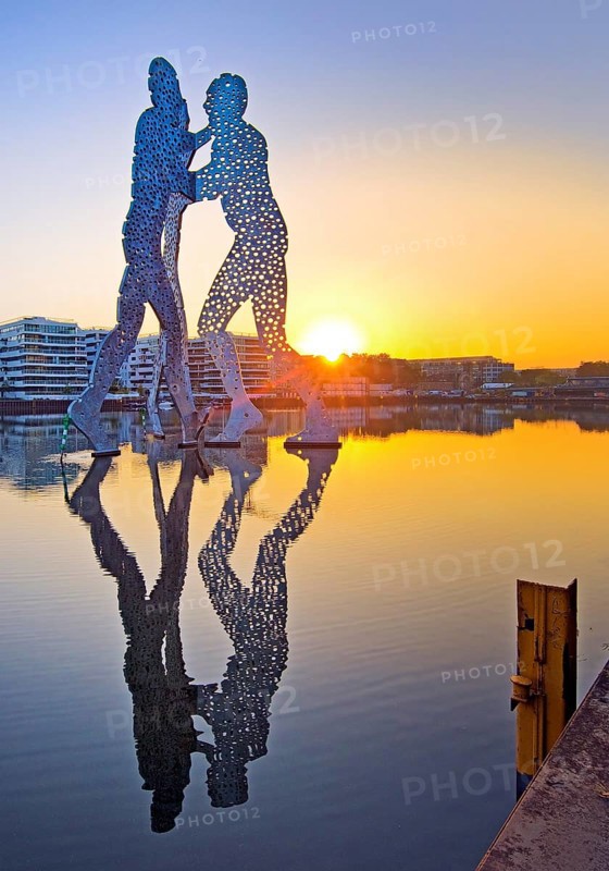 Molecule Man, monumental artwork in the Spree at sunrise, artist Jonathan Borofsky, Berlin, Germany, Europe