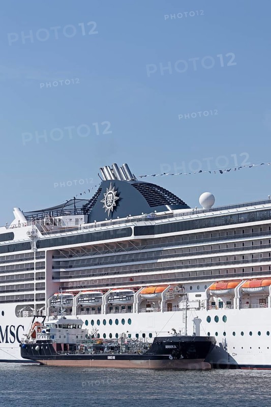 Cruise ship MSC Poesia, supply ship, harbour, Warnemünde, Rostock, Mecklenburg-Vorpommern, Germany, Europe
