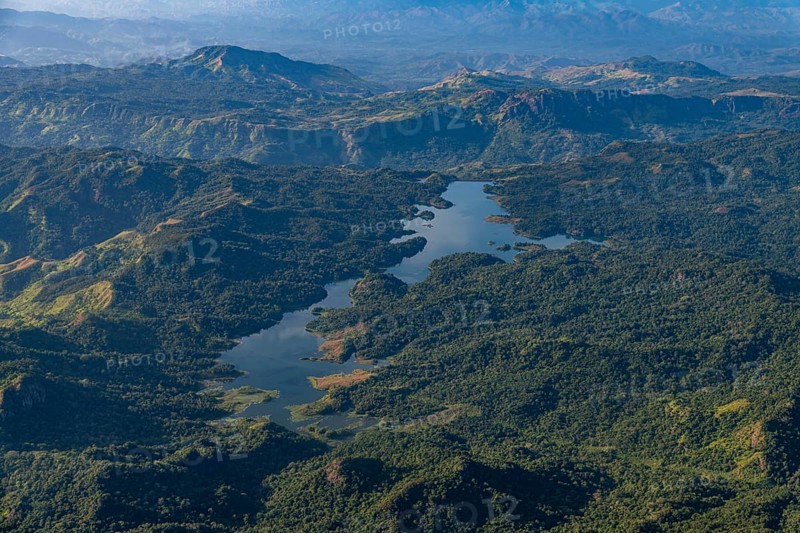 Aerial of artifical mountain lake, Viti Levu, Fiji, South Pacific, Oceania