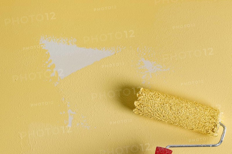 Unfinished painted wall with paint roller