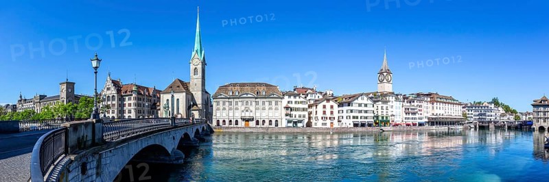 Zurich skyline city on the river Limmat with church Fraumünster panorama in Zurich, Switzerland, Europe
