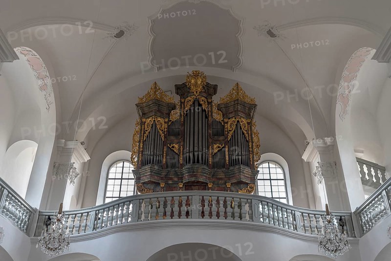 Organ loft with a prospectus of the historic Seuffert organ 1756, pilgrimage church Maria Limbach, construction period 1751-1755, Limbach, Lower Franconia, Bavaria, Germany, Europe