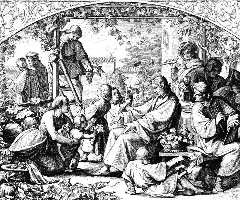 Martin Luther's summer joys in the company of his family and table companions, joy, garden, vines, children, company, friends, music, flute, dog, sitting, rest, relaxation, pleasure, flowers, religion, Protestantism, 16th century, historical illustration c. 1860