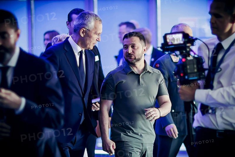 Ukrainian President Volodomyr Zelensky and NATO Secretary General Jens Stoltenberg, pictured on their way to a joint press conference at the NATO Summit in Vilnius, Lithuania. Vilnius, 12.07.2023., Vilnius, Lithuania, Europe