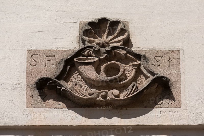 House sign from 1761, post sign relief from the Posthorn Inn, Glöckleinsgasse 2, Nuremberg, Middle Franconia, Bavaria, Germany, Europe