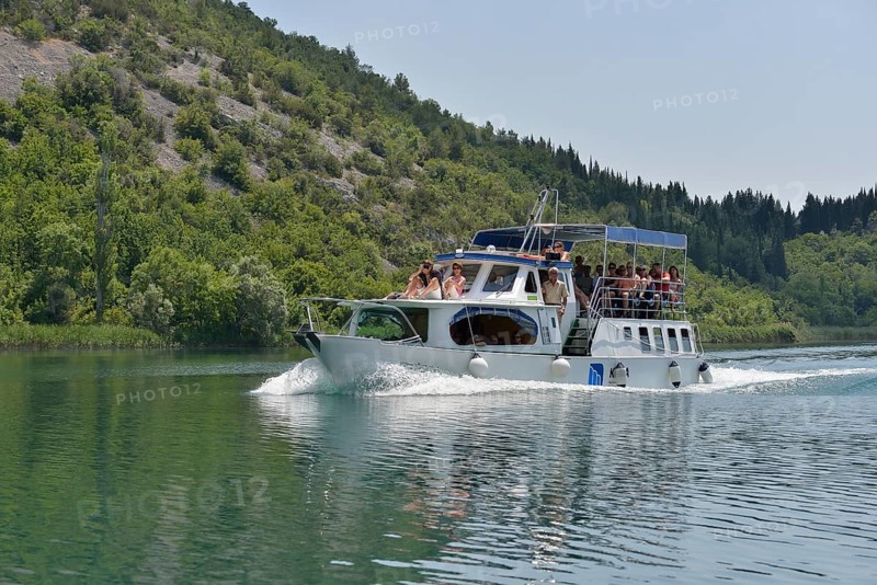 Excursion boat on the Krka River, Krka National Park, Šibenik-Knin County, Dalmatia, Croatia, Europe