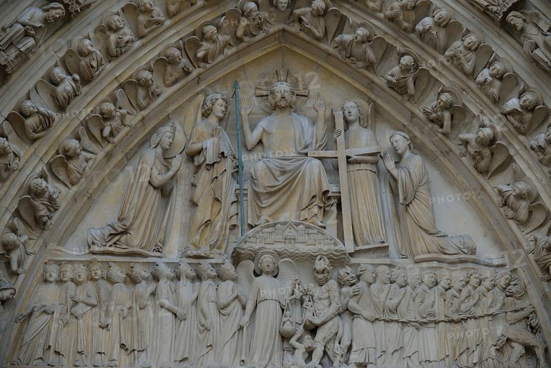 Detail of the main portal of Notre Dame Cathedral, Paris, France, Europe